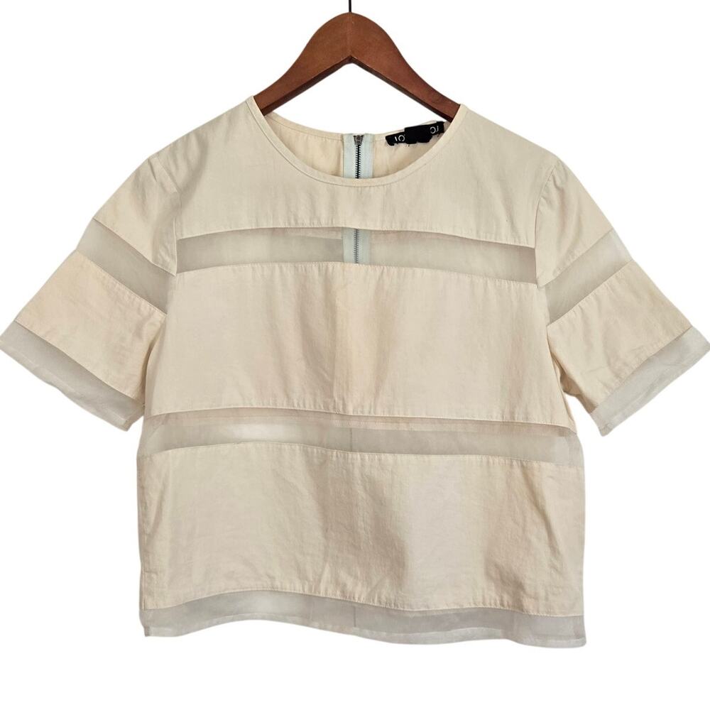 Y2K Futurology Minimalist Chic Horizontal Sheer Panel Sot Ivory Boxy Top Medium